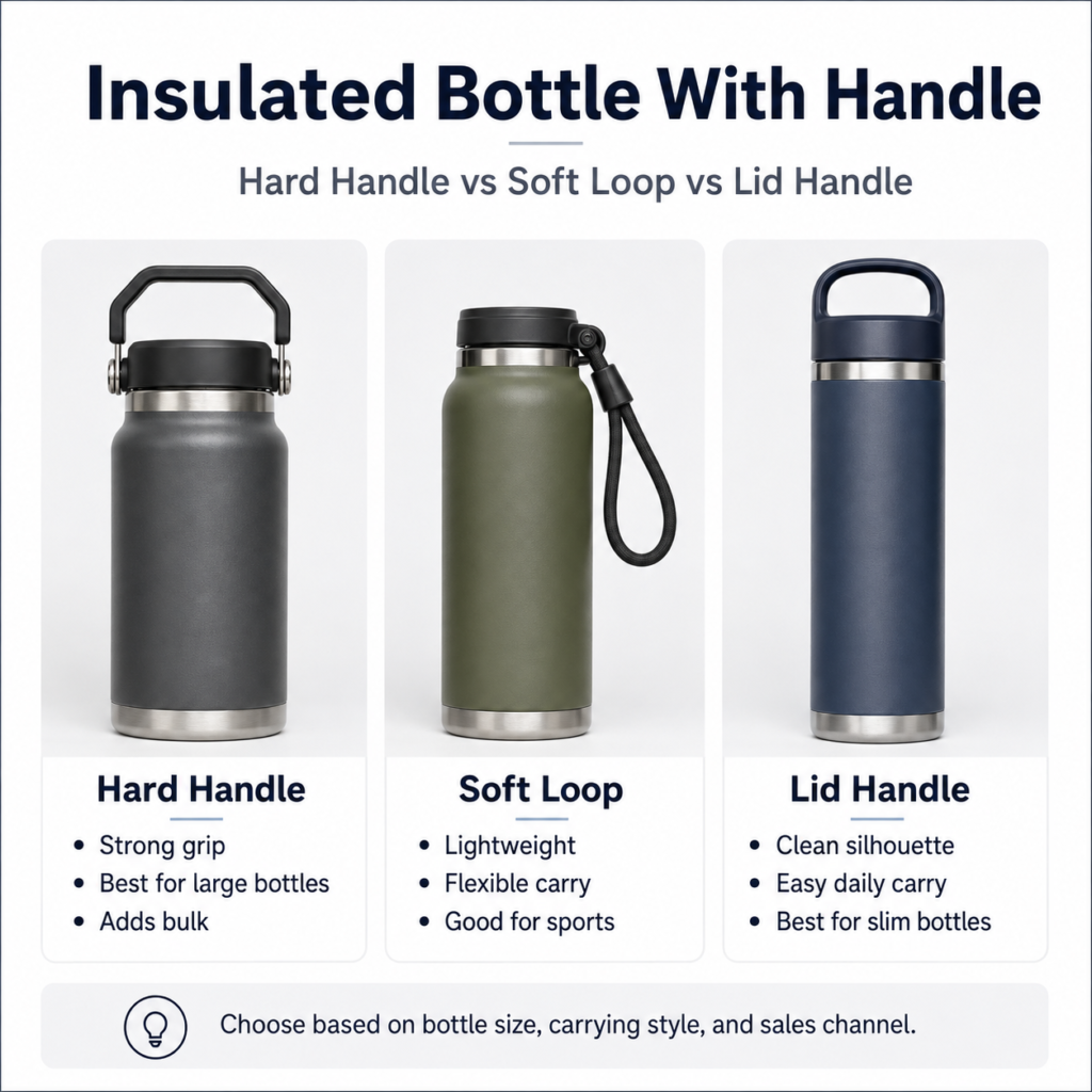 Insulated bottle with handle comparison showing hard handle, soft loop and lid handle options
