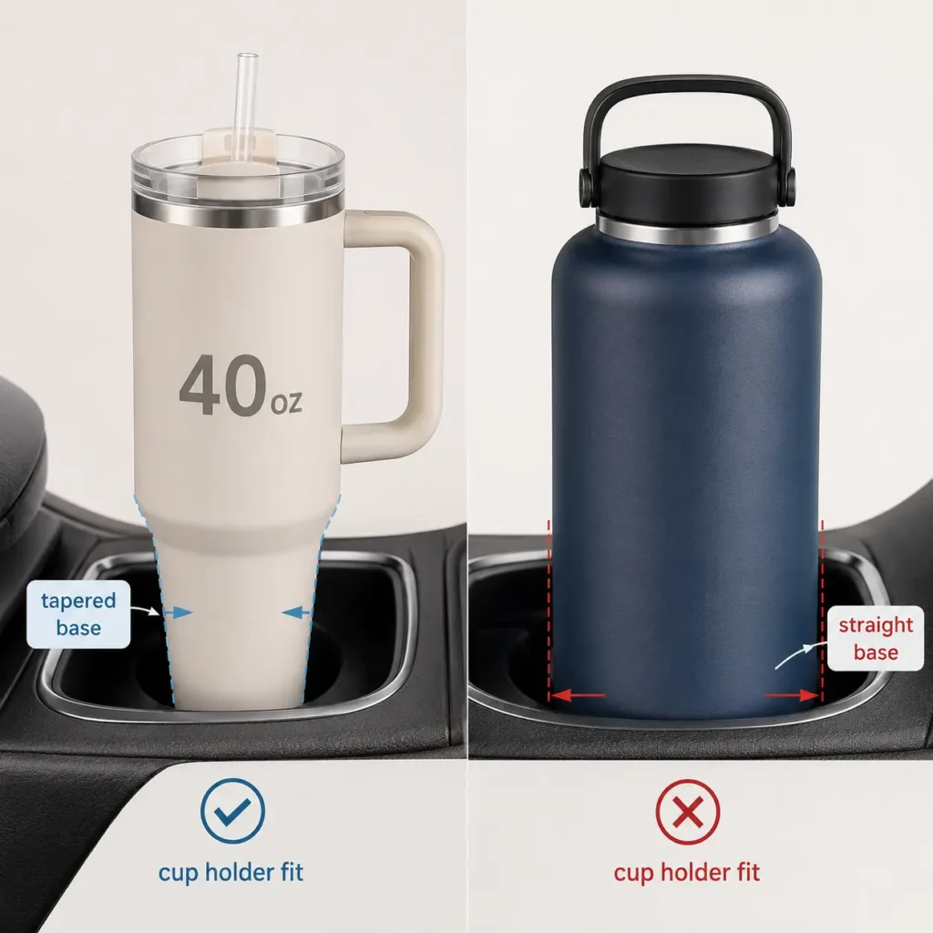 Tapered base vs straight base insulated bottles showing how bottle shape affects car cup holder fit