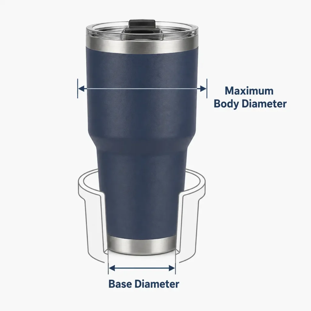 Water bottle base diameter and maximum body diameter comparison for cup holder compatibility