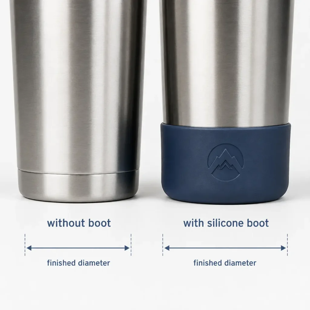 Stainless steel bottle with and without silicone boot showing the change in finished base diameter