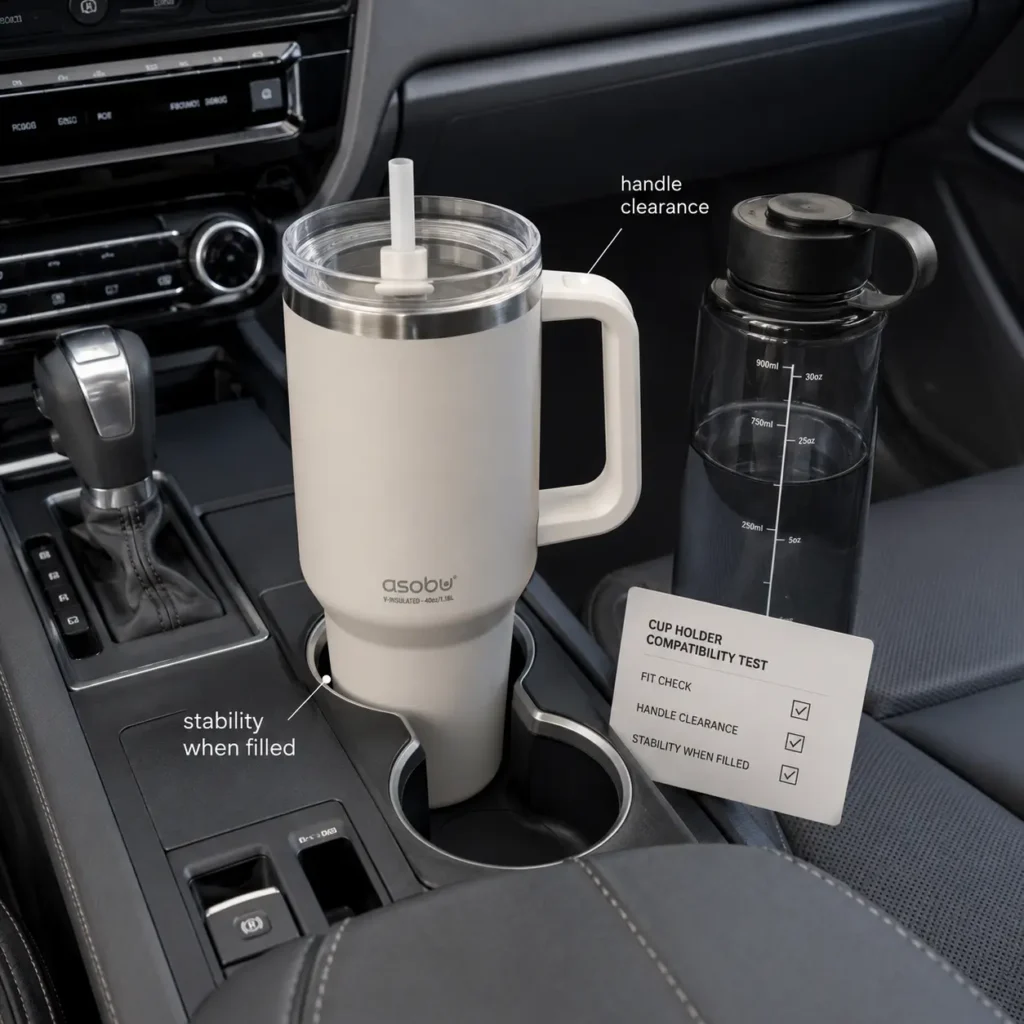 Insulated tumbler tested in a vehicle cup holder for base fit handle clearance and stability when filled