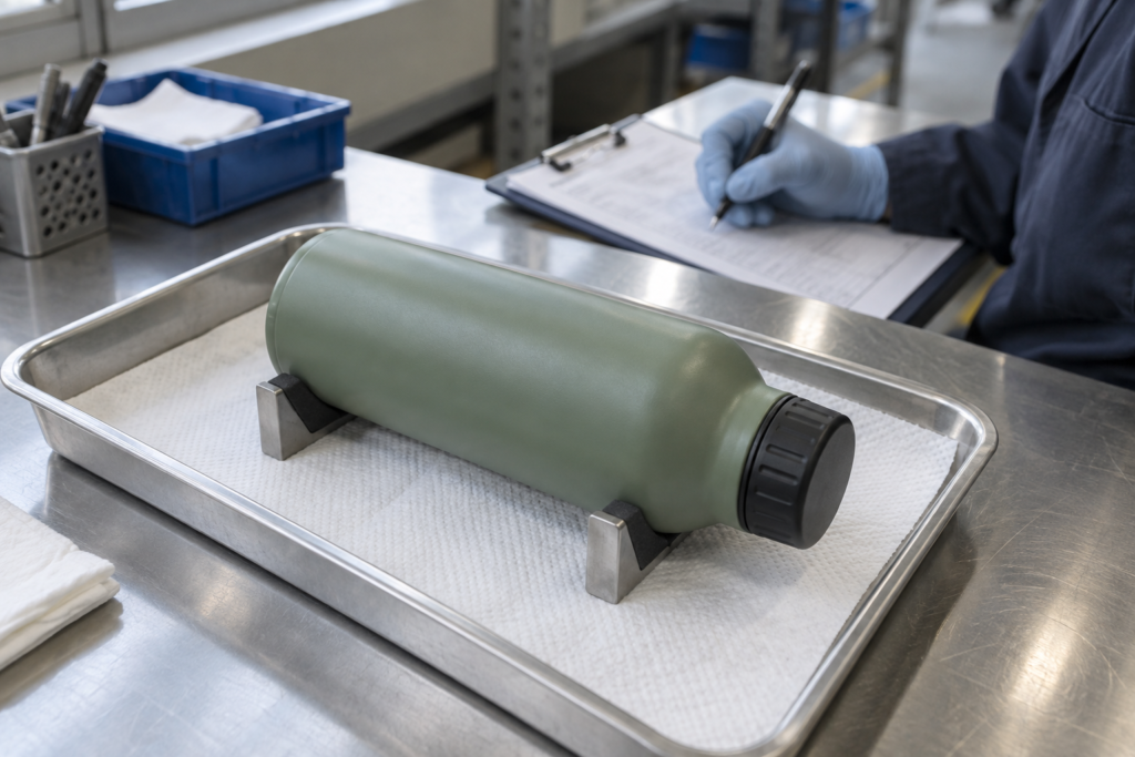 Closed green water bottle resting horizontally on supports above absorbent paper while a technician records observations.