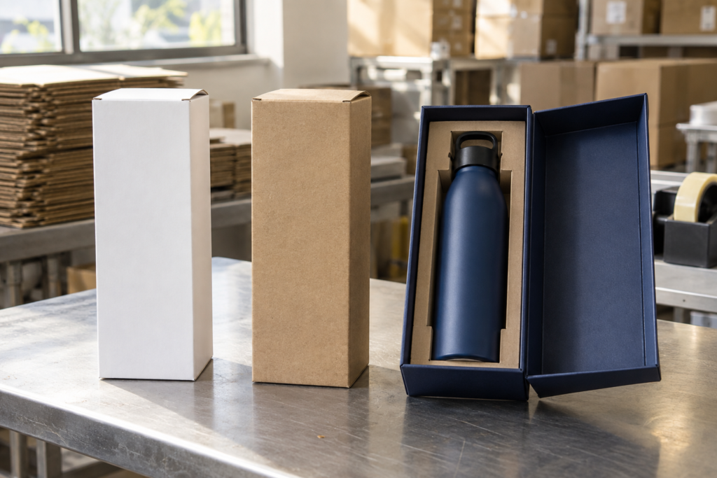 White folding carton, kraft box and open navy gift box holding a matching water bottle in a cardboard insert.