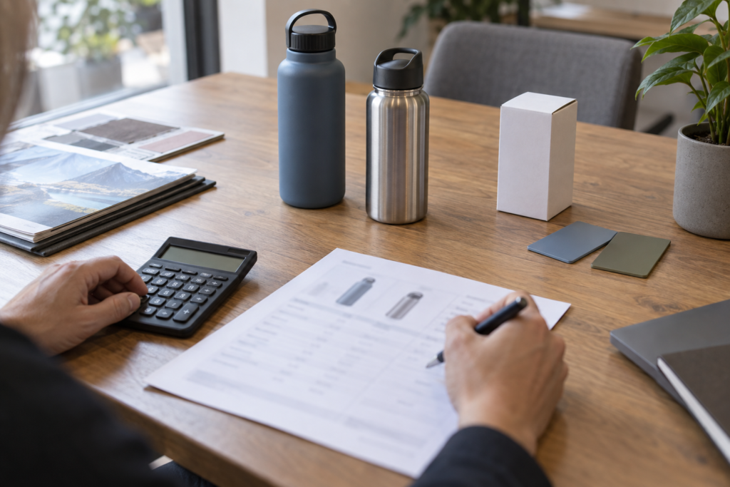 Buyer reviewing a quotation with a calculator beside two water bottle samples, colour swatches and a white carton.