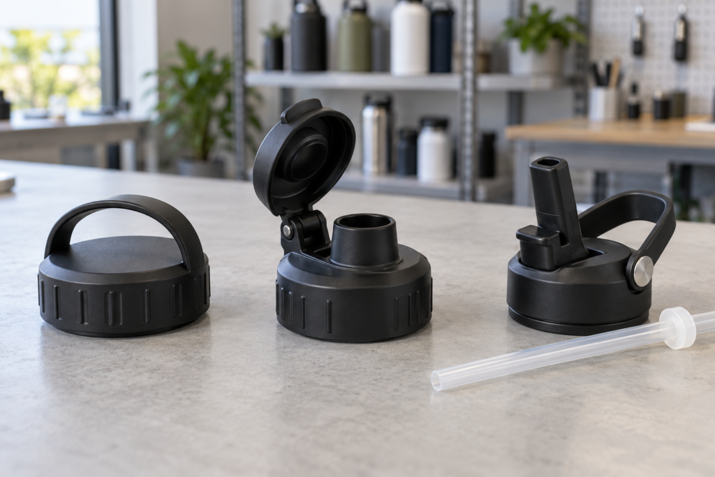 Three black water bottle lids showing a screw cap, an open chug lid and a raised straw spout with a separate straw.