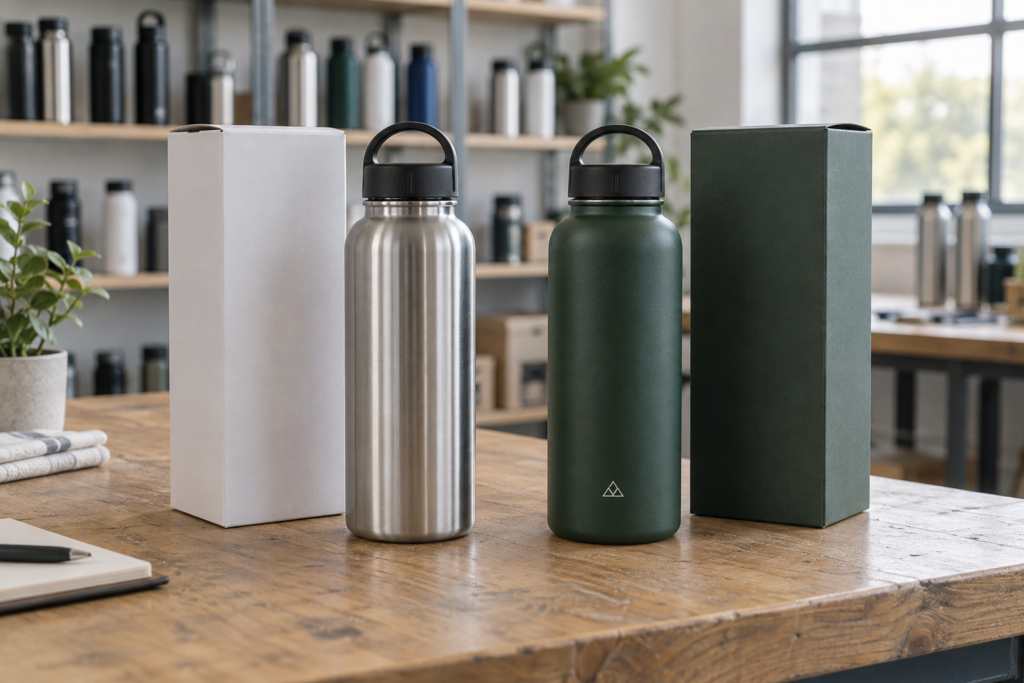 Brushed stainless steel and dark green coated water bottles displayed with plain and colour-matched packaging.