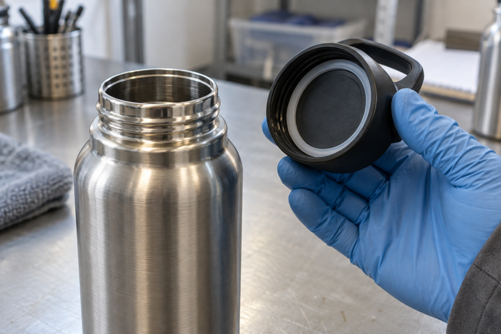 Black screw cap with a removed silicone gasket beside an open stainless steel water bottle.
