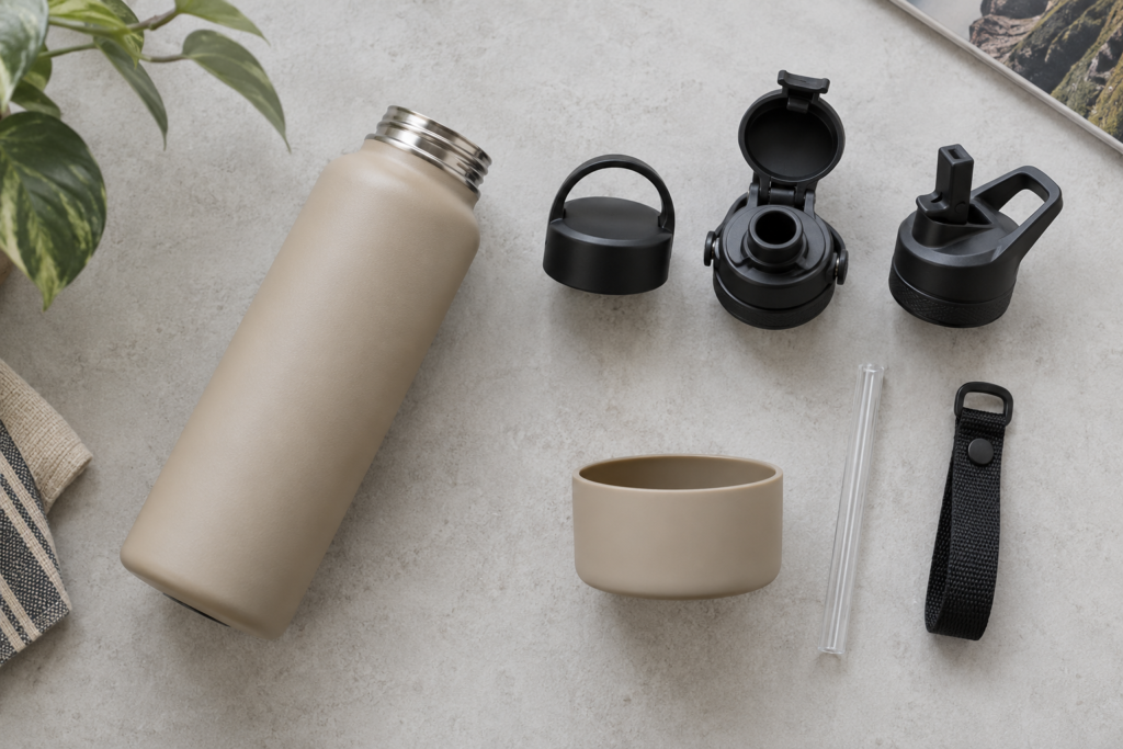 Beige water bottle arranged with three black lid styles, a silicone boot, a clear straw and a carrying strap.