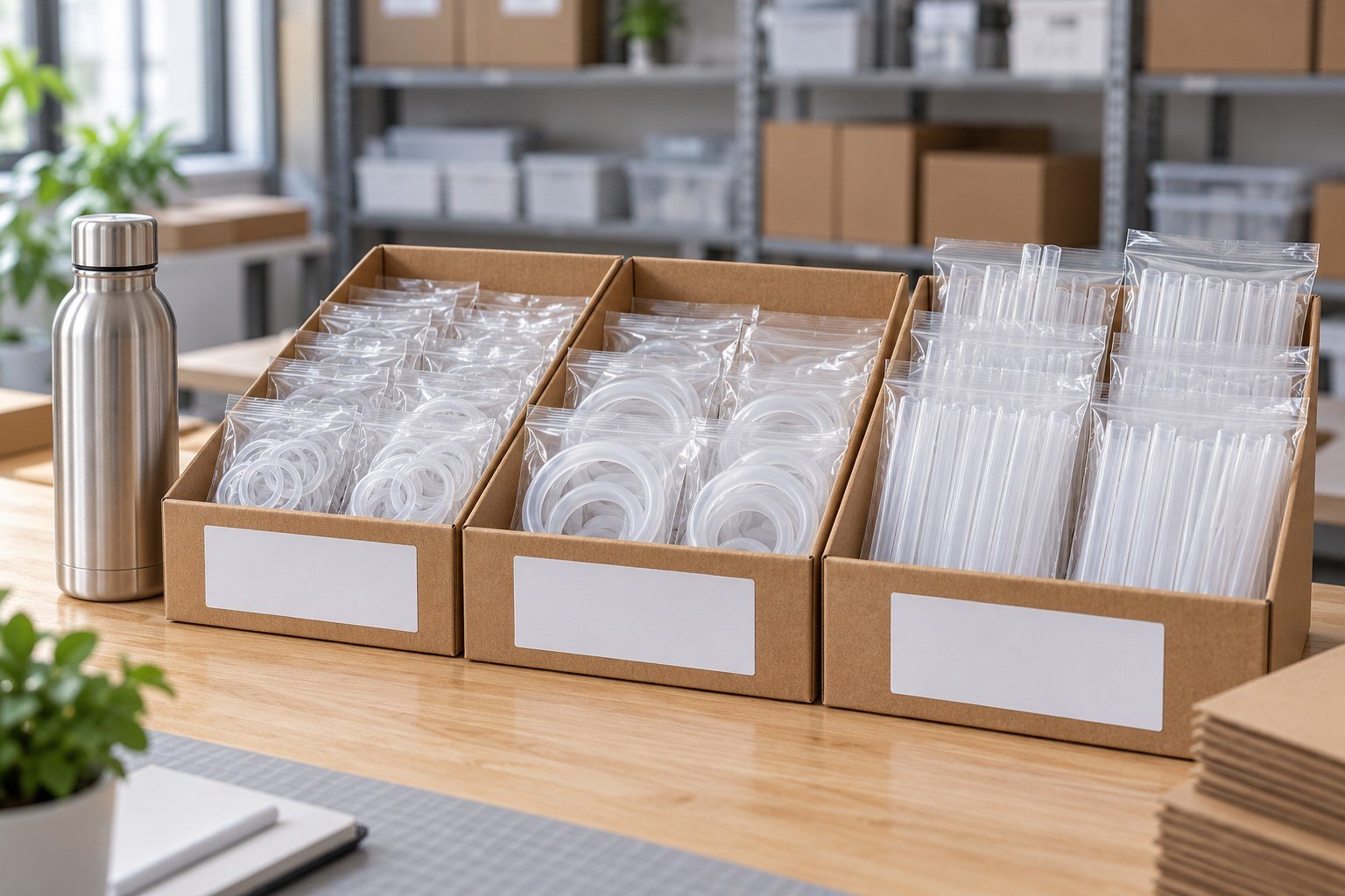 AI illustration of separately bagged water bottle seals and straws organised in kraft inventory cartons.