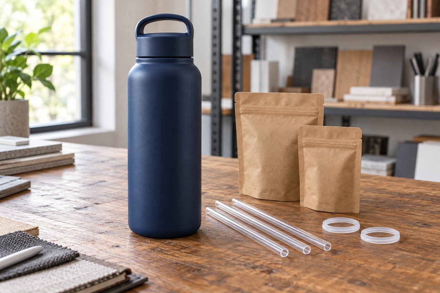 AI illustration of a closed stainless steel bottle with replacement straws, silicone seals and kraft pouches.