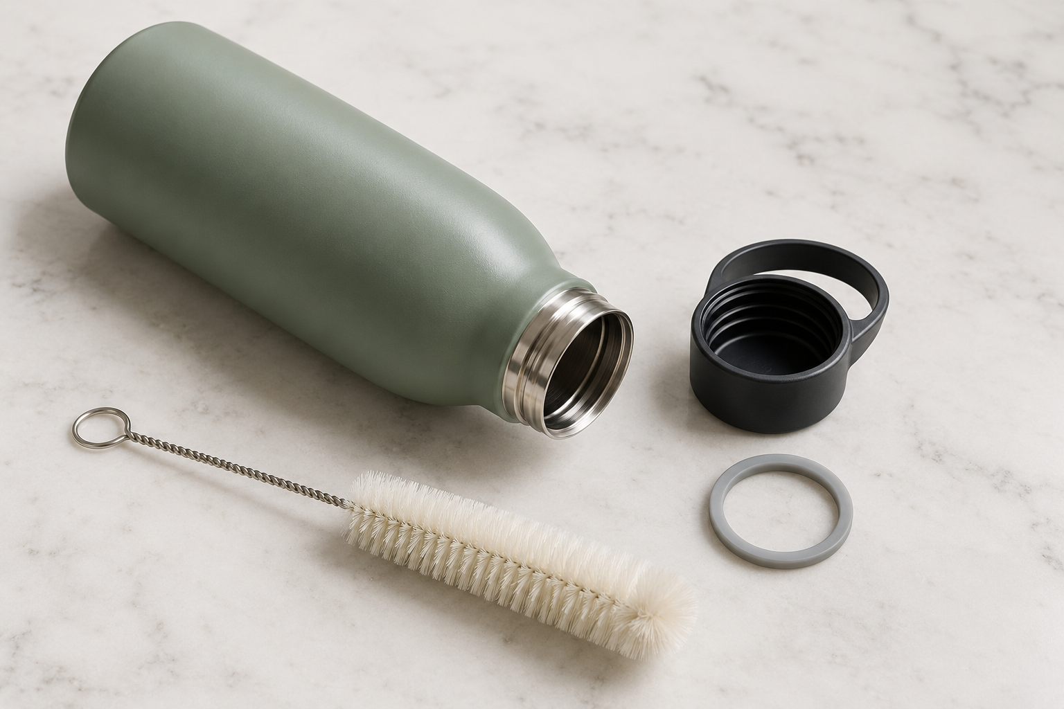 Concept illustration of a bottle, simple screw cap and separate sealing ring for defining component-level washing requirements