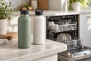 Conceptual stainless steel bottles beside a domestic dishwasher for an OEM dishwasher suitability review