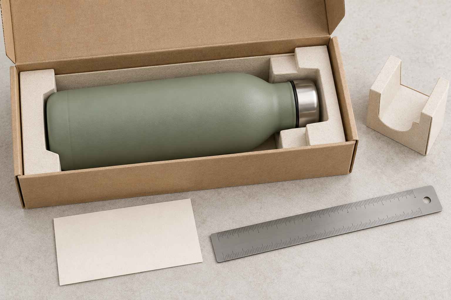 AI concept of a bottle supported inside a sample carton with separate paperboard support and measuring ruler