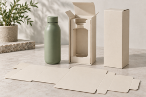 Concept arrangement of custom water bottle packaging samples with an open carton, insert and flat blank carton