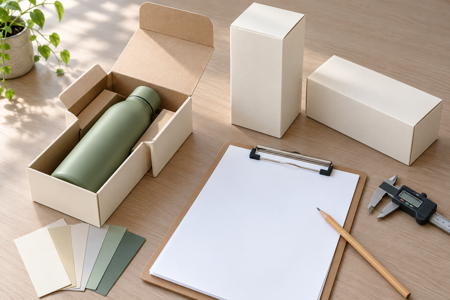 AI concept of bottle packaging samples beside blank approval paperwork, colour swatches and a measuring tool