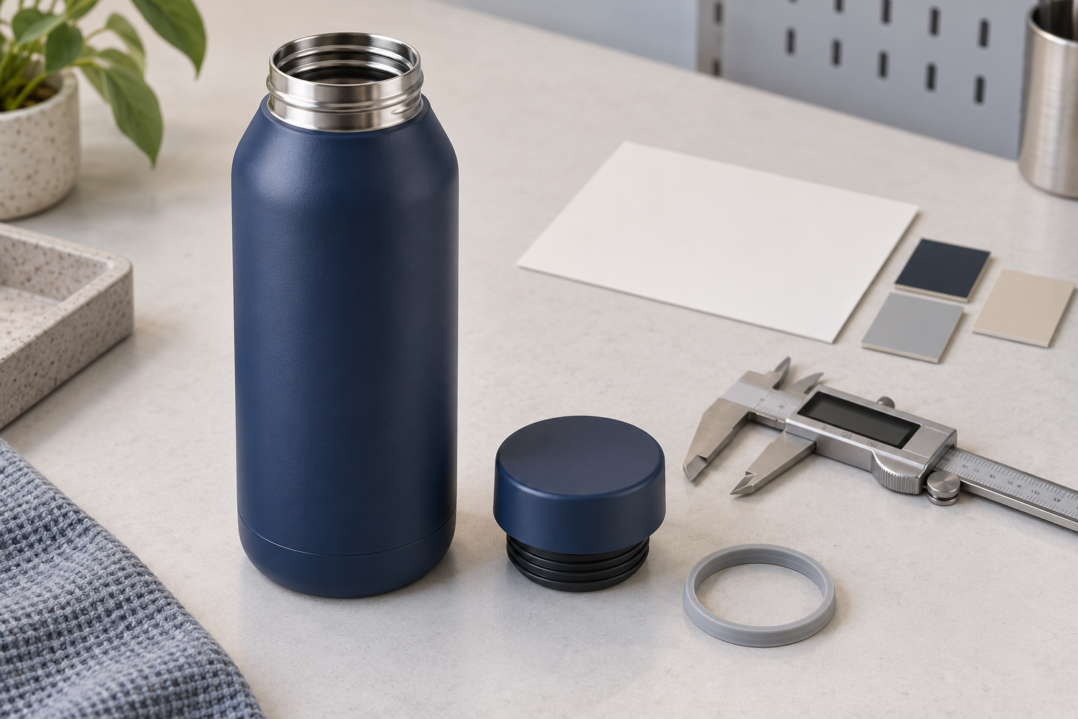 AI concept of an insulated bottle, screw cap and separate sealing ring for reviewing the intended sample configuration