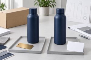 Concept comparison of golden sample and pre-production sample drinkware on separate trays with blank identification cards