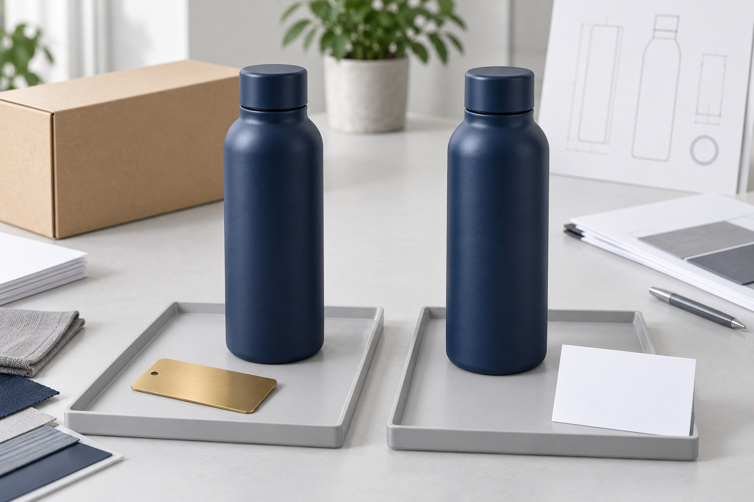 Concept comparison of golden sample and pre-production sample drinkware on separate trays with blank identification cards