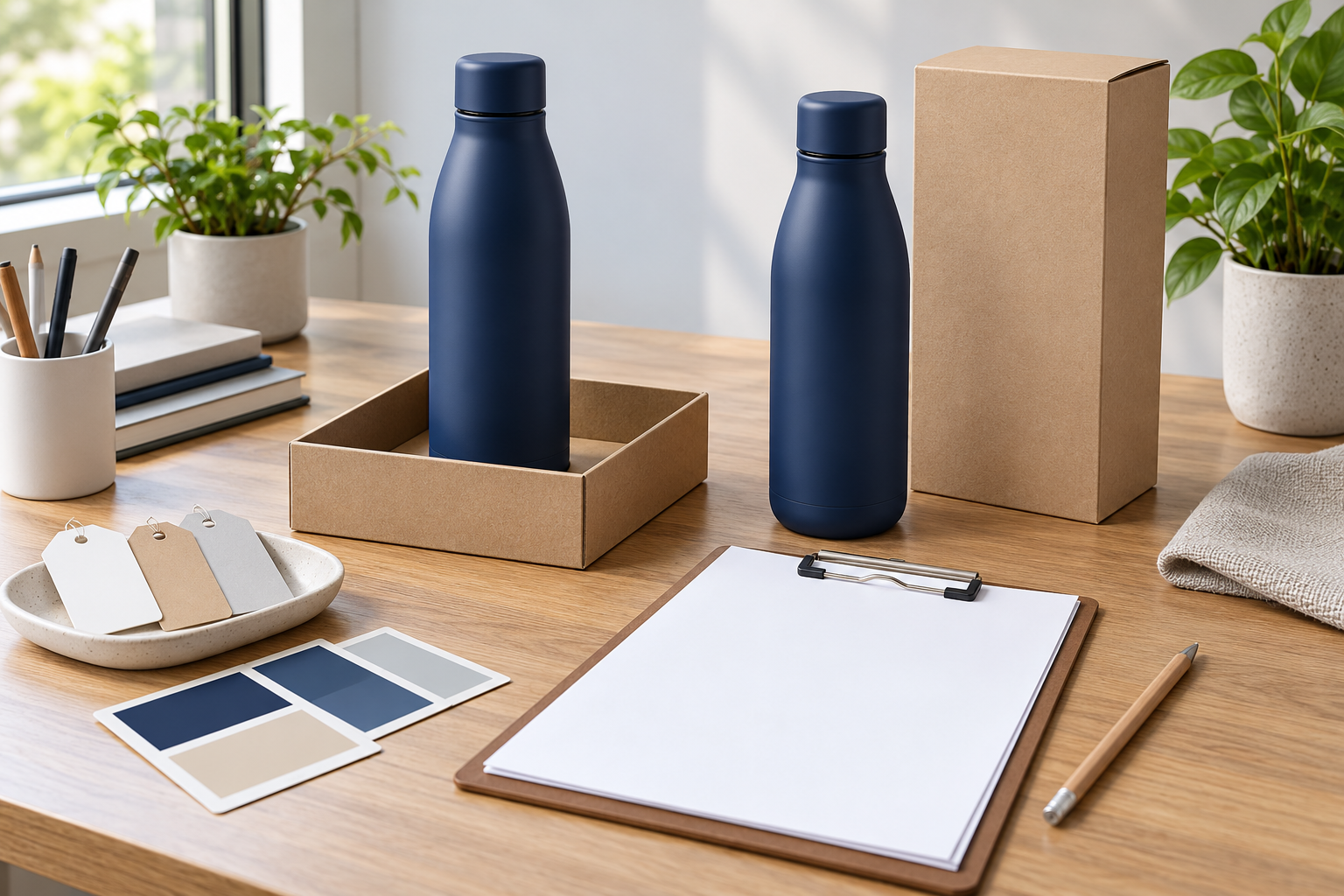 Concept of retained bottle samples beside blank approval paperwork and colour swatches