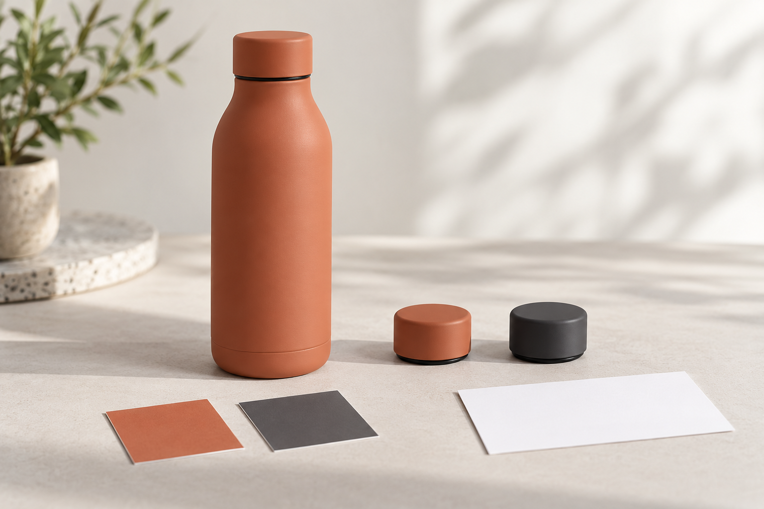 AI concept of a bottle beside alternative cap colours and a blank change-request card for isolating a proposed revision