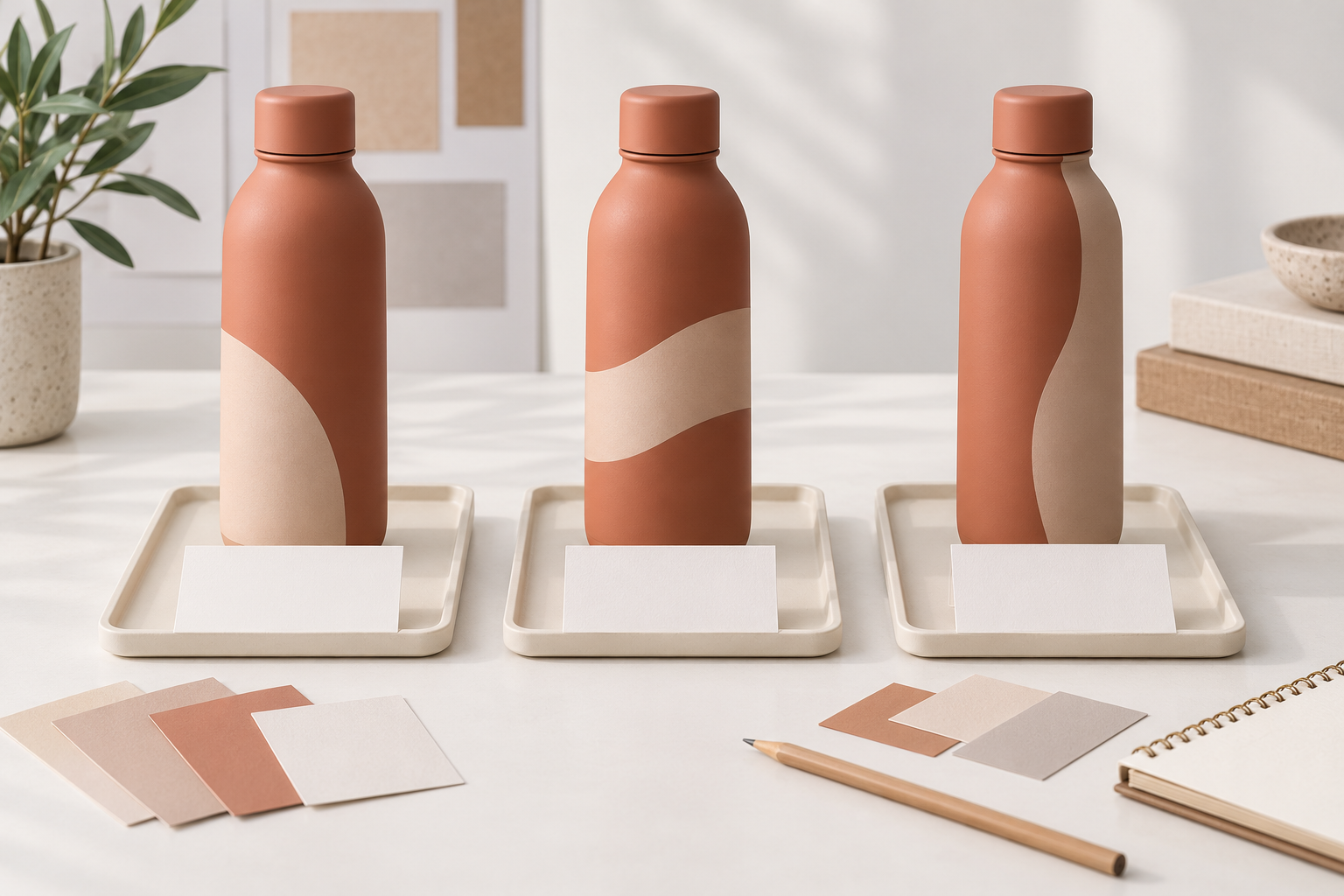 AI concept of custom water bottle sample revisions arranged on separate trays with blank revision cards