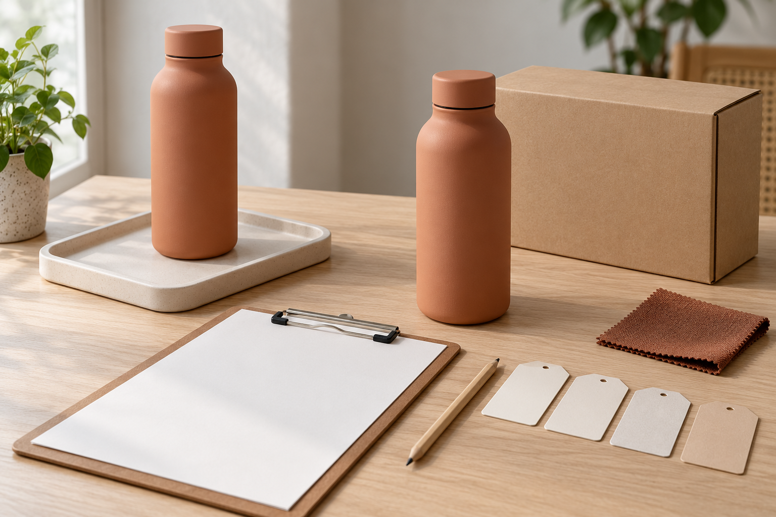 AI concept of a buyer reviewing revised bottle samples beside blank approval paperwork and retained reference tags