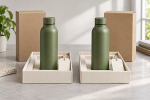 Concept of matched approved water bottle reference sample copies on separate trays for buyer and factory custody