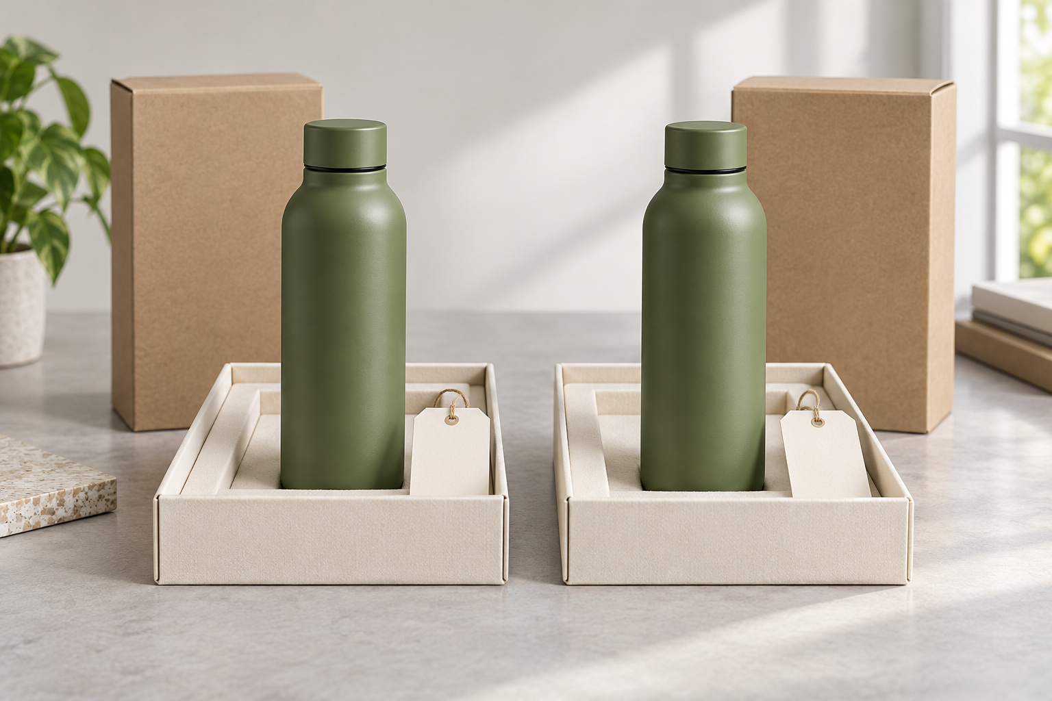 AI concept of matched approved water bottle reference sample copies on separate trays for buyer and factory custody