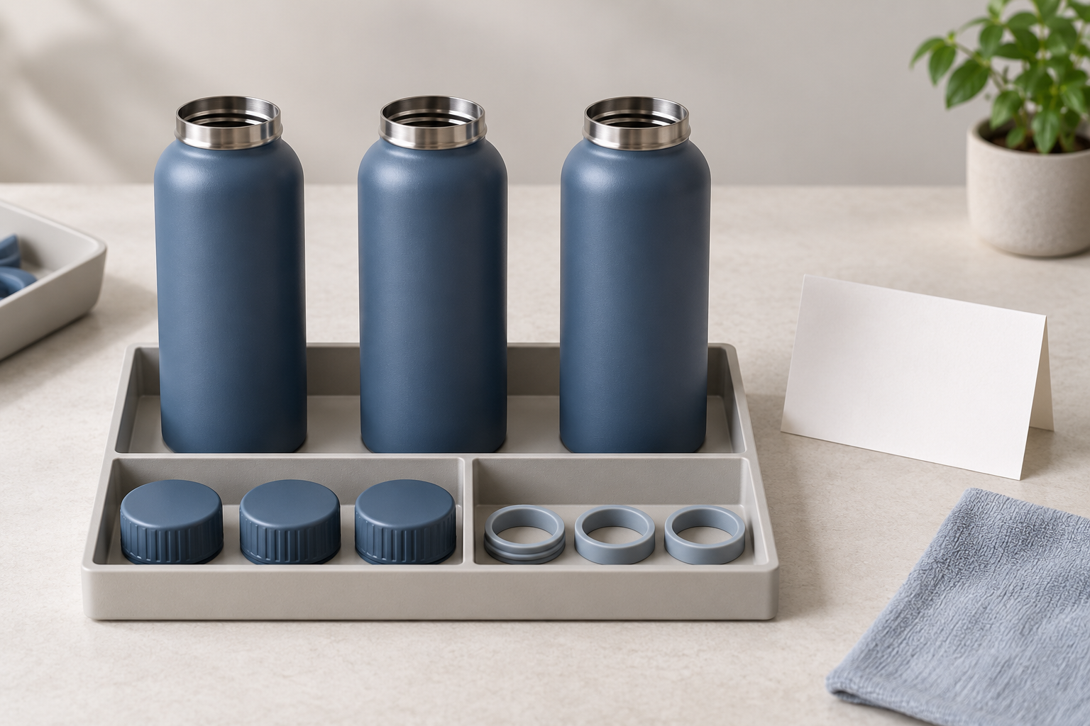 AI concept of bottle bodies, caps and separate sealing rings arranged for reviewing a proposed pilot assembly configuration