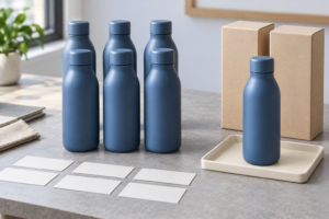 Concept of custom water bottle pilot production with a limited group beside a separate reference sample