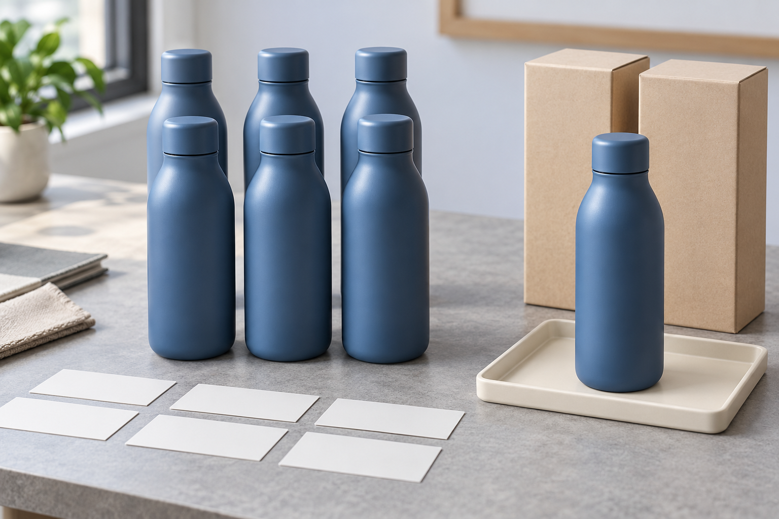 AI concept of custom water bottle pilot production with a limited group of bottles beside a separate reference sample