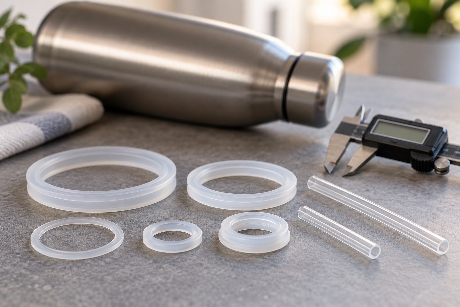 AI illustration of silicone sealing rings and clear straws in different sizes beside a caliper.
